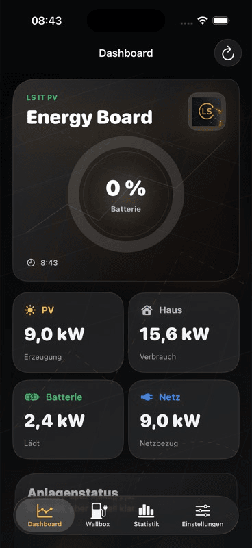 iOS-App Dashboard mit Batterie, PV, Hausverbrauch und Netzstatus