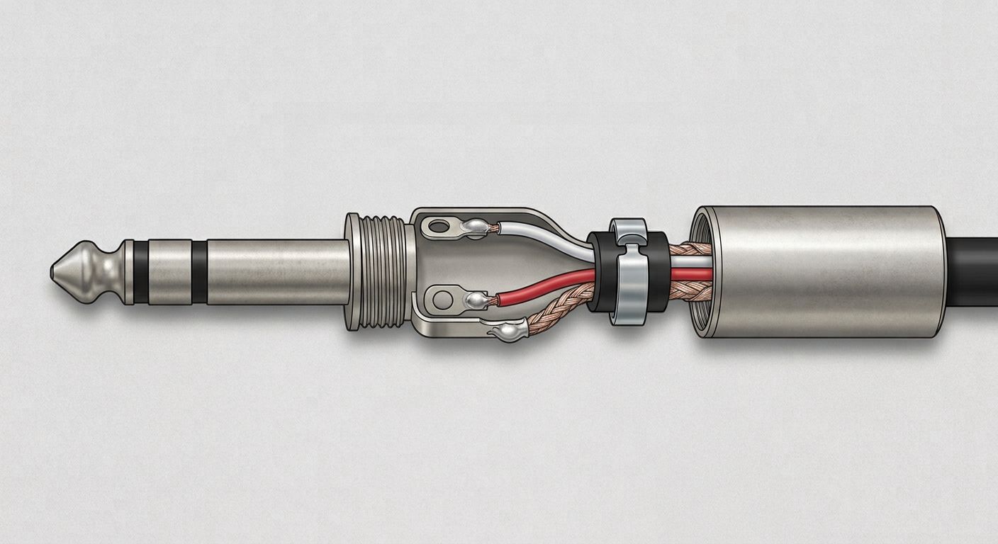 Illustration eines geöffneten 6,35-mm-TRS-Klinkensteckers: Steckerstift mit Spitze, Ring und Schaft, zwei angelötete Signaladern, verlöteter Schirm, Zugentlastung und auf das Kabel geschobene Griffhülse